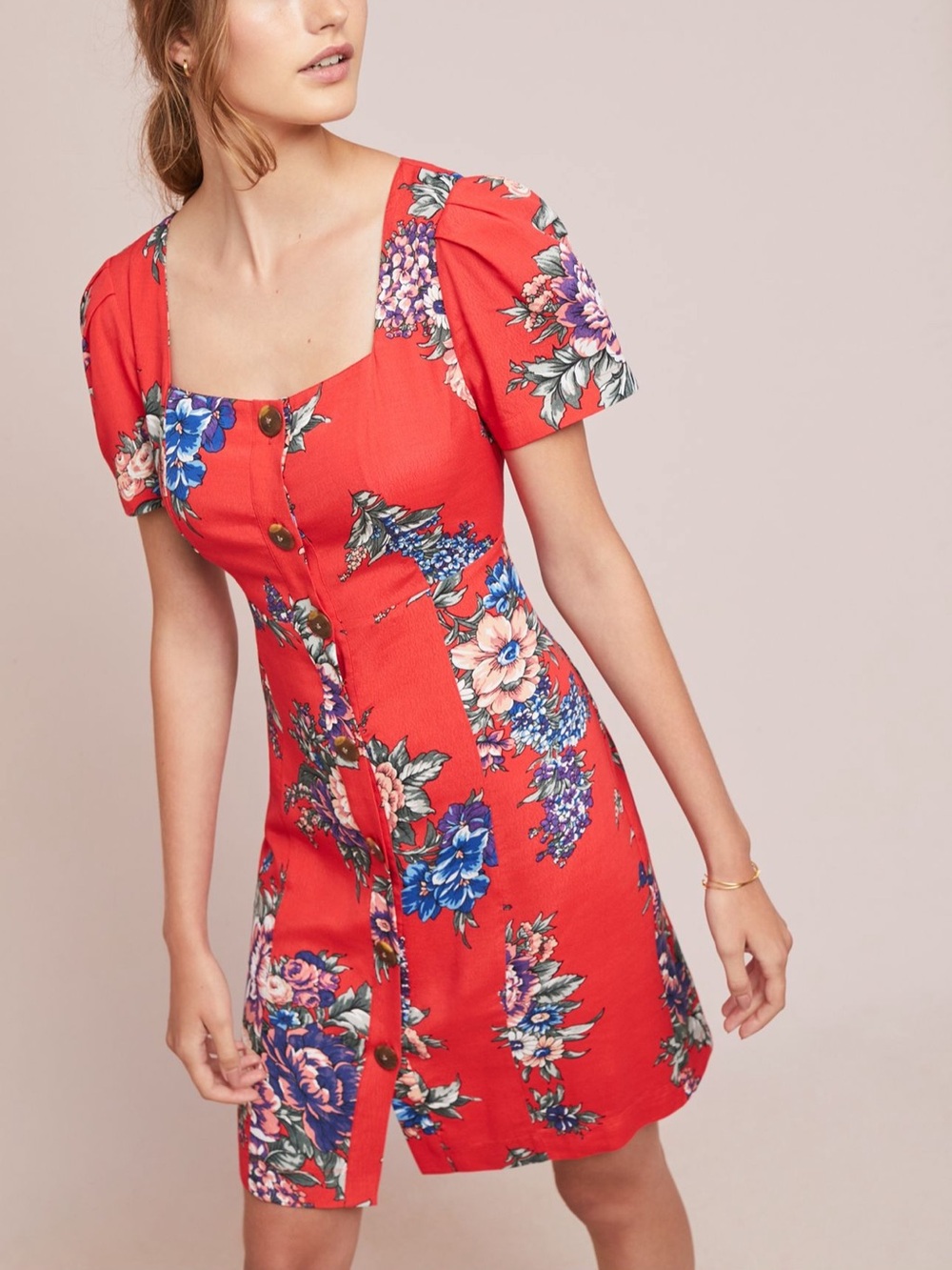 Anthropologie Maeve Caldwell Buttondown Mini Dress Red Floral Size 4